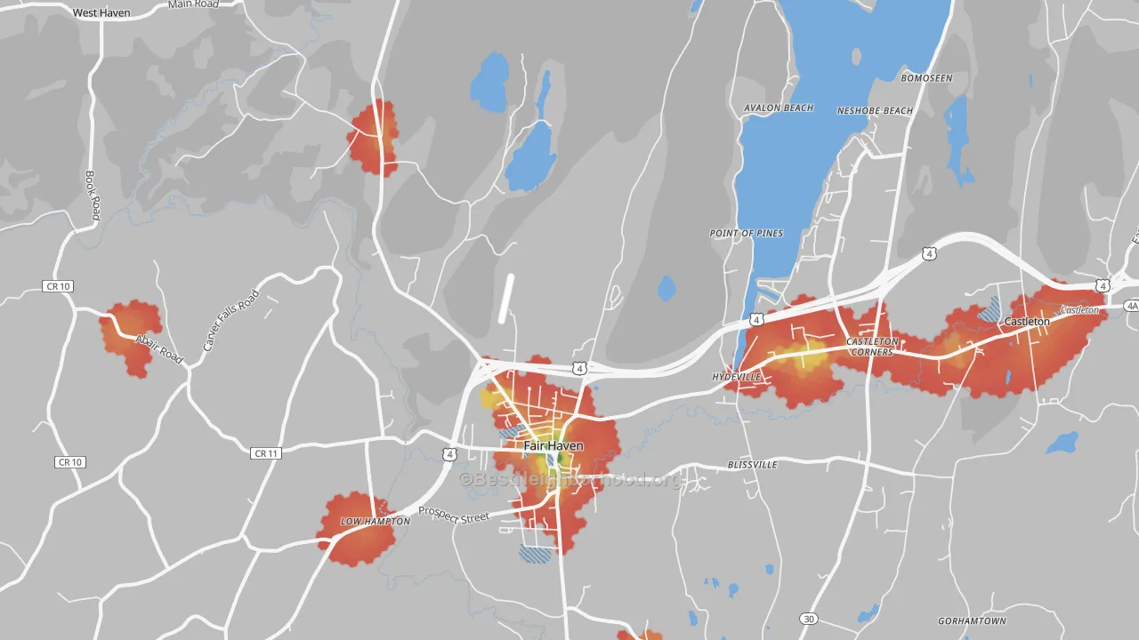 Walk Grade map of Fair Haven, VT, walkable areas in green and car-dependent areas in red