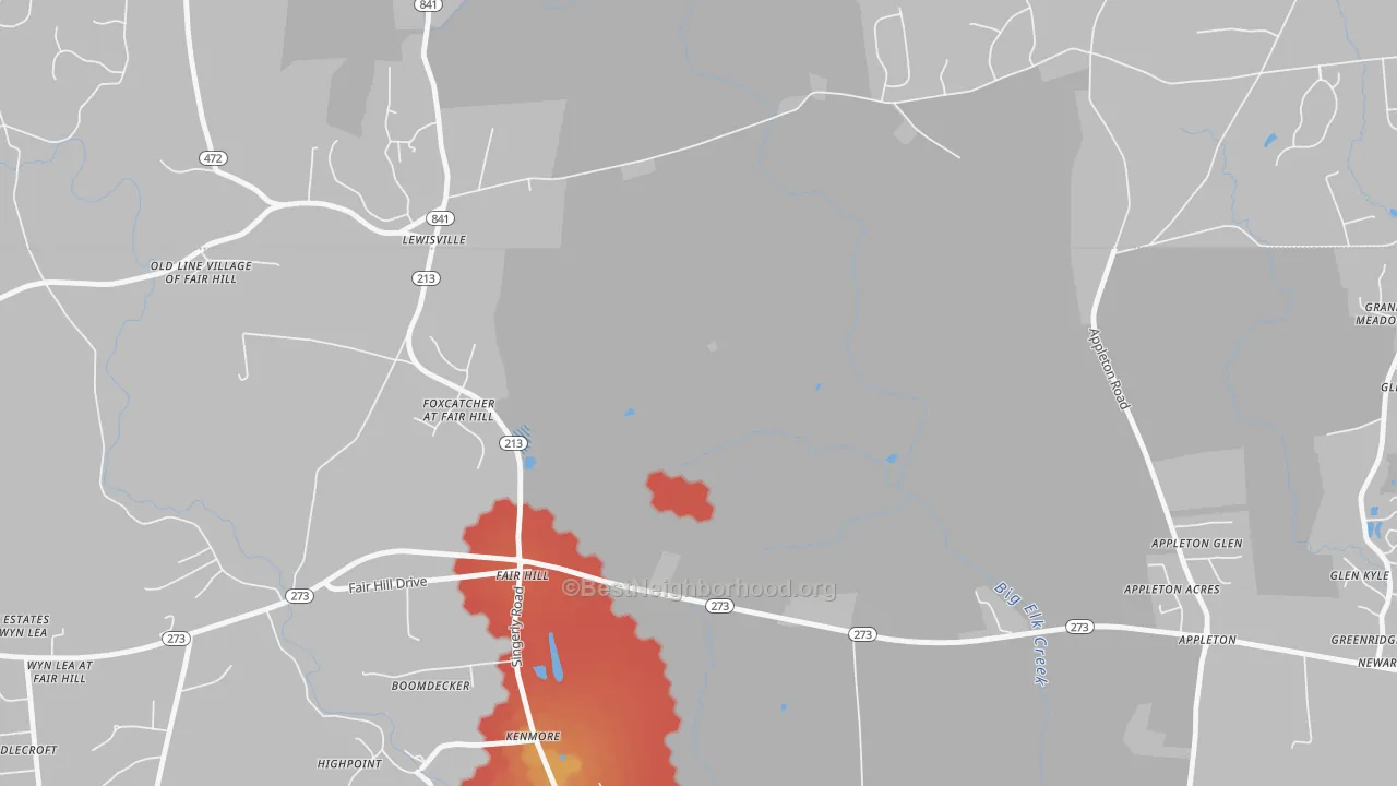 Walk Grade map of Fair Hill, MD, walkable areas in green and car-dependent areas in red