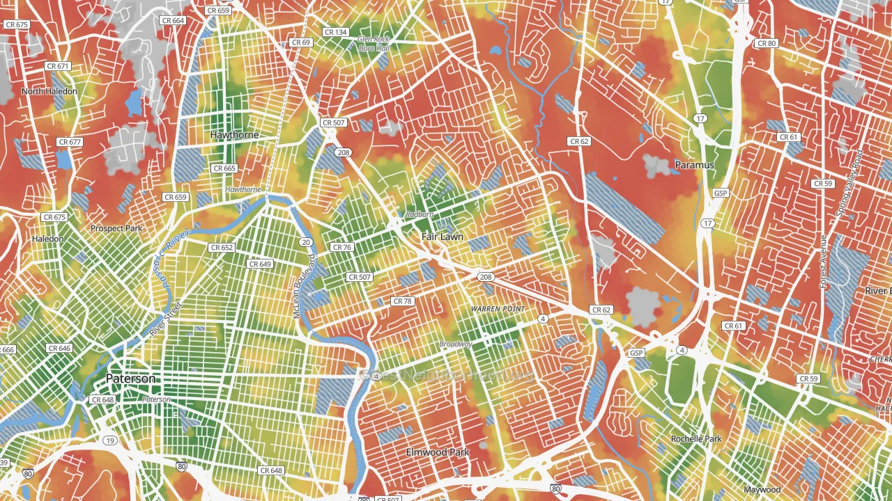 Walk Grade map of Fair Lawn, NJ, walkable areas in green and car-dependent areas in red