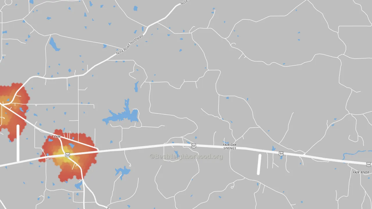 Walk Grade map of Fair Oak Springs, MS, walkable areas in green and car-dependent areas in red