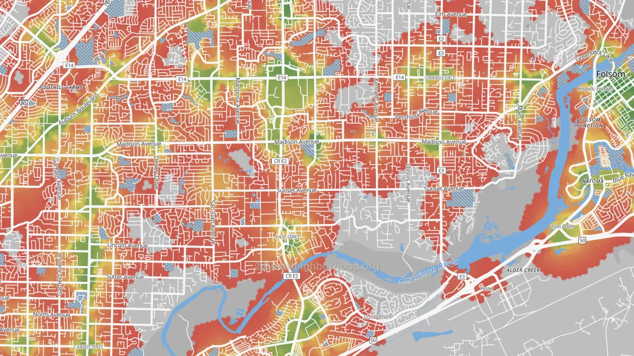 Walk Grade map of Fair Oaks, CA, walkable areas in green and car-dependent areas in red
