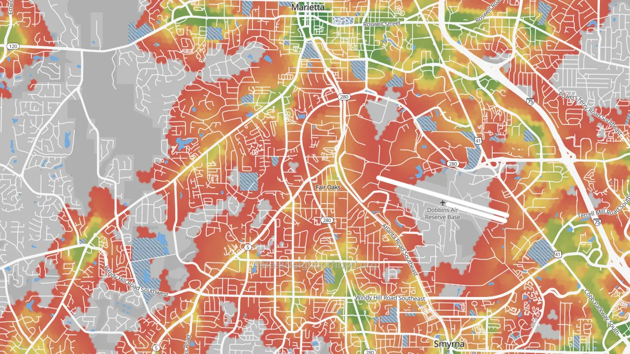 Walk Grade map of Fair Oaks, GA, walkable areas in green and car-dependent areas in red