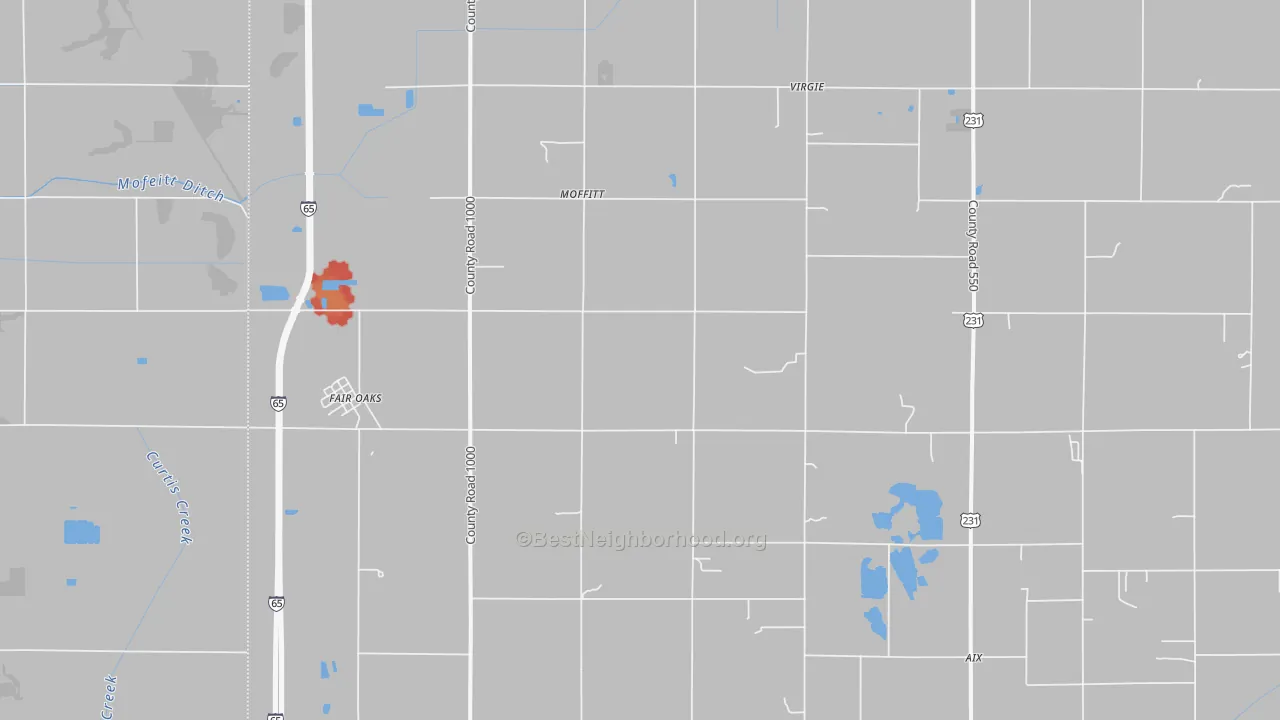 Walk Grade map of Fair Oaks, IN, walkable areas in green and car-dependent areas in red
