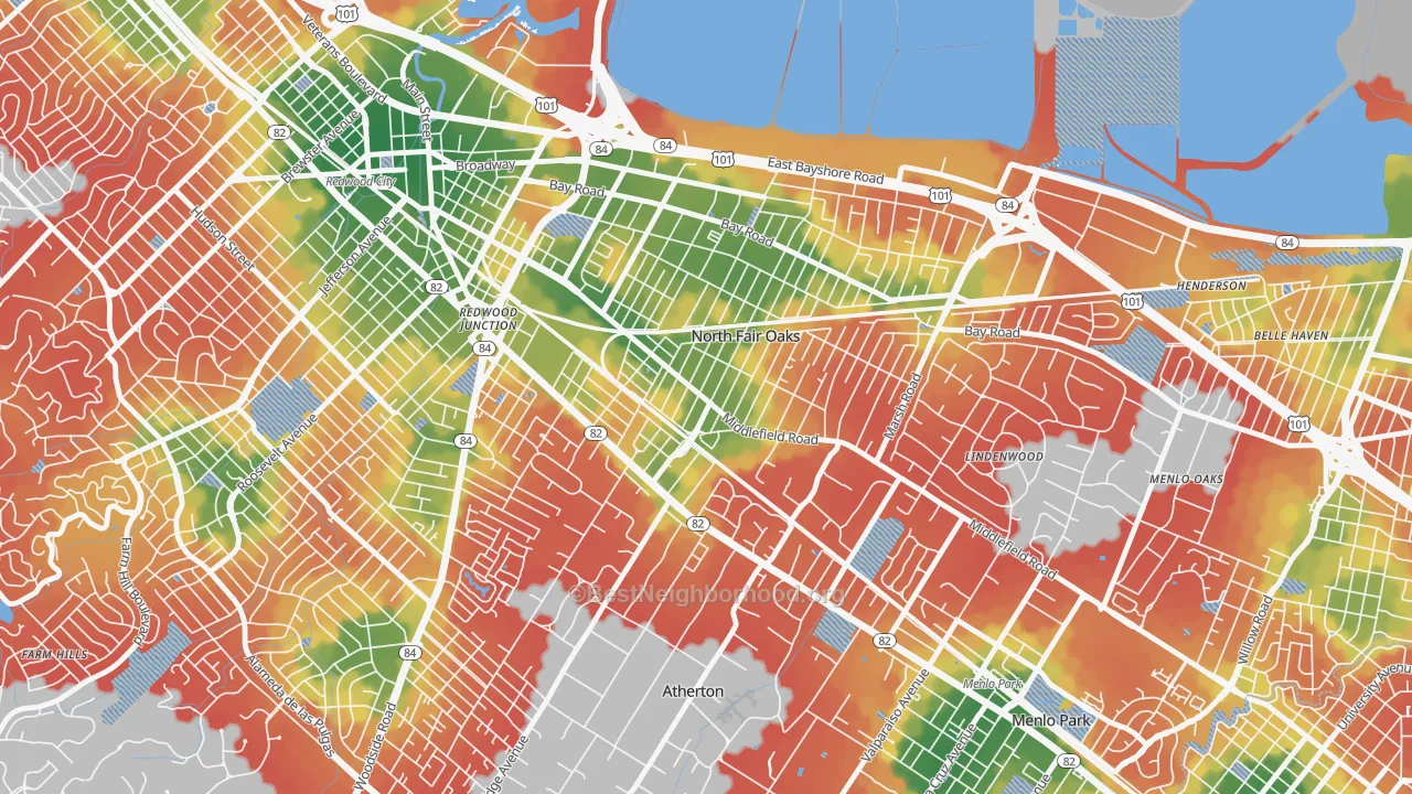 Walk Grade map of Fair Oaks, North Fair Oaks, CA, walkable areas in green and car-dependent areas in red