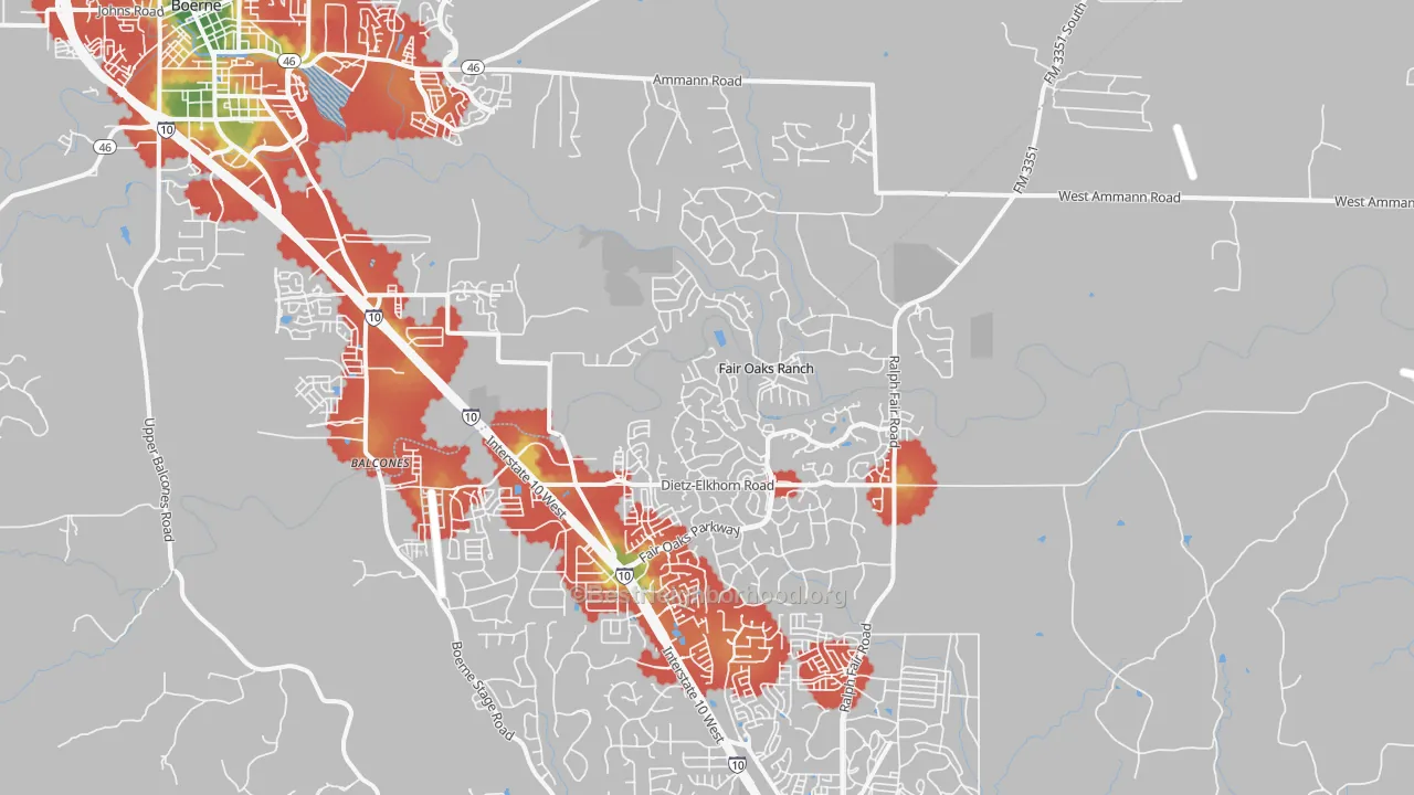 Walk Grade map of Fair Oaks Ranch, TX, walkable areas in green and car-dependent areas in red