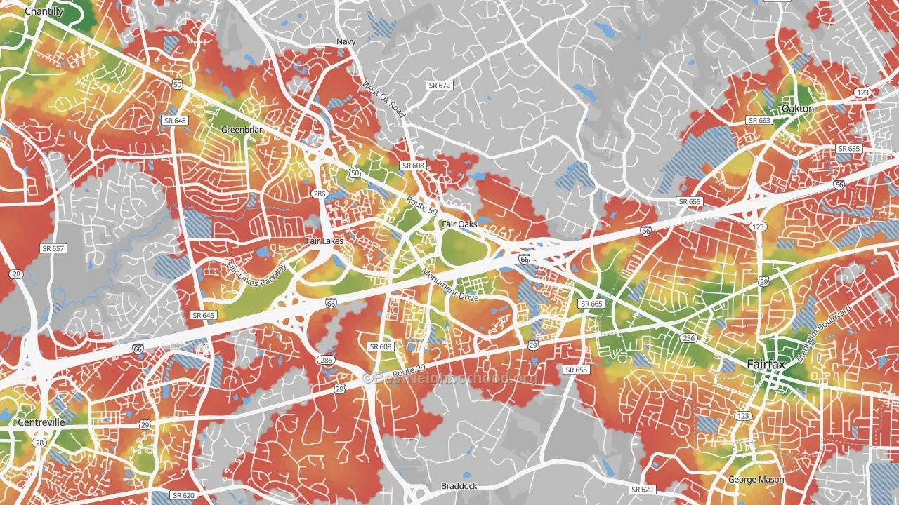 Walk Grade map of Fair Oaks, VA, walkable areas in green and car-dependent areas in red