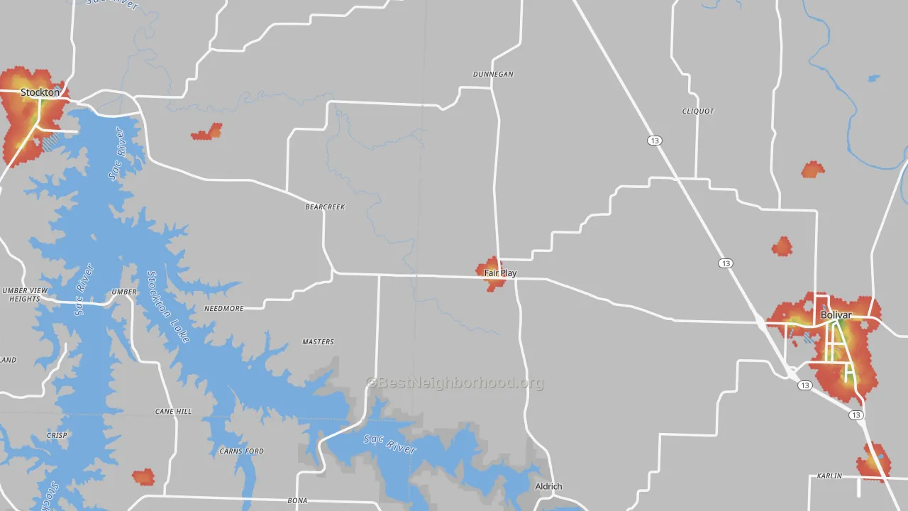 Walk Grade map of Fair Play, MO, walkable areas in green and car-dependent areas in red
