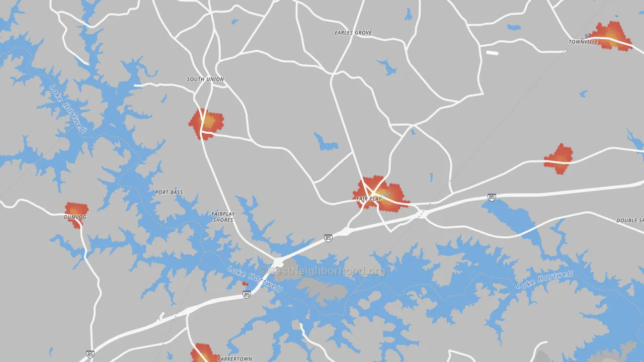 Walk Grade map of Fair Play, SC, walkable areas in green and car-dependent areas in red