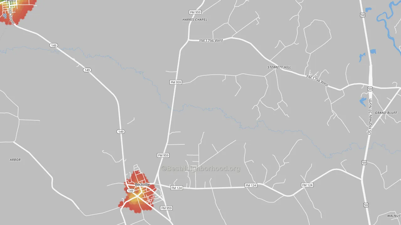 Walk Grade map of Fair Play, TX, walkable areas in green and car-dependent areas in red