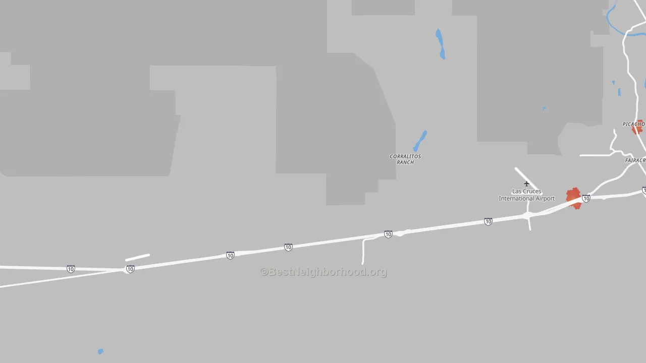 Walk Grade map of Fairacres, NM, walkable areas in green and car-dependent areas in red