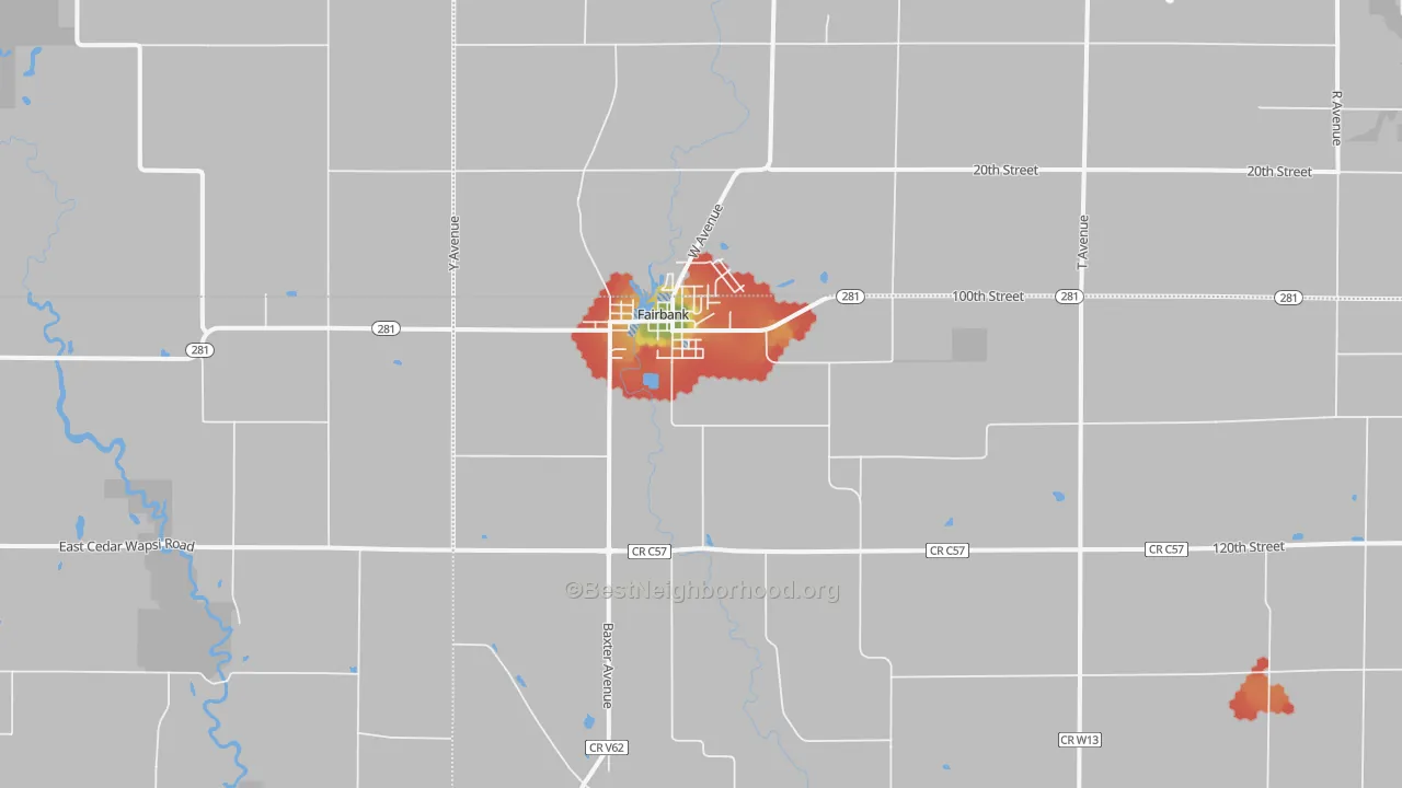 Walk Grade map of Fairbank, IA, walkable areas in green and car-dependent areas in red