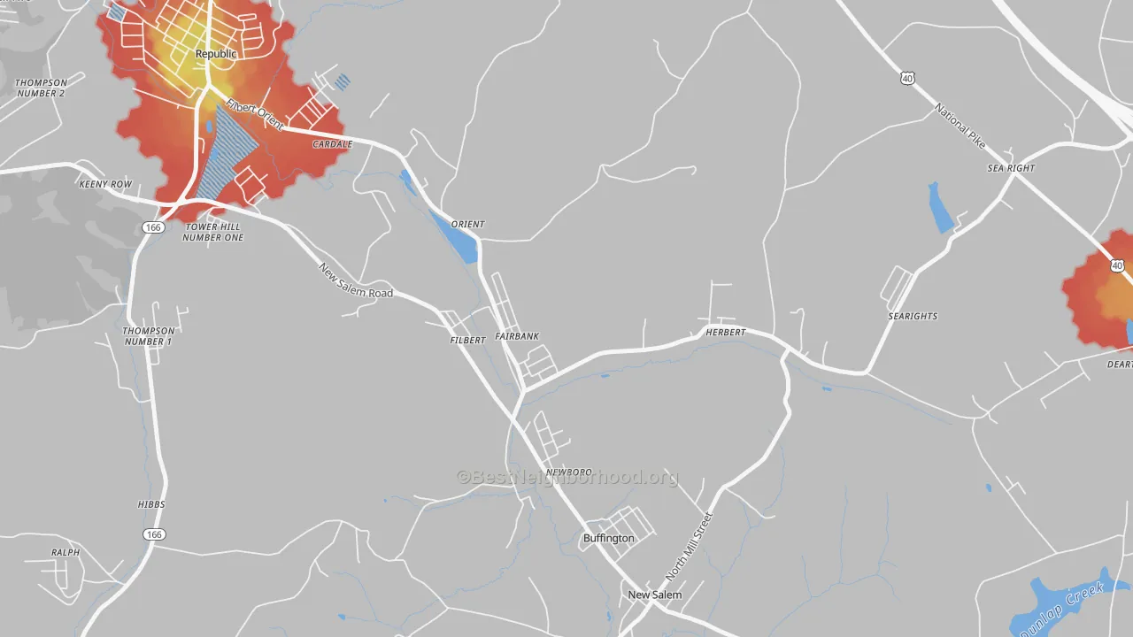Walk Grade map of Fairbank, PA, walkable areas in green and car-dependent areas in red
