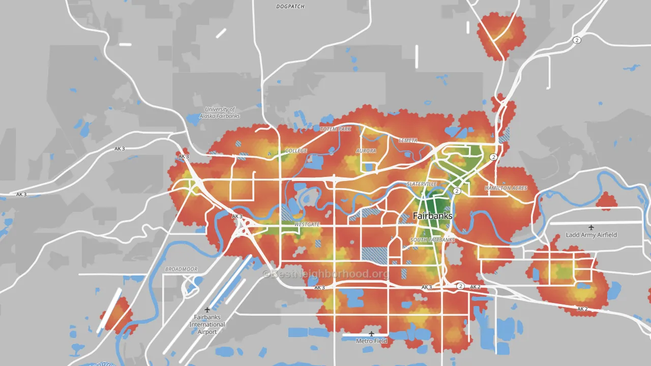 Walk Grade map of Fairbanks, AK, walkable areas in green and car-dependent areas in red