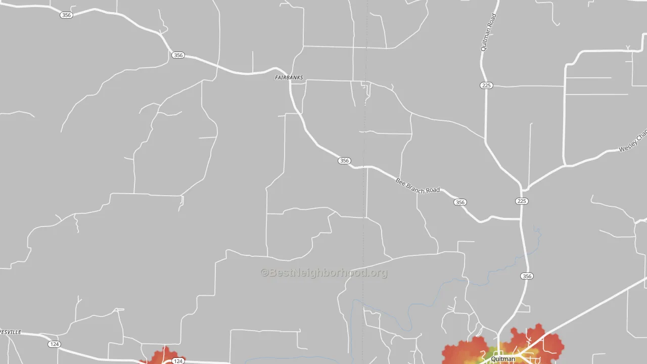 Walk Grade map of Fairbanks, AR, walkable areas in green and car-dependent areas in red