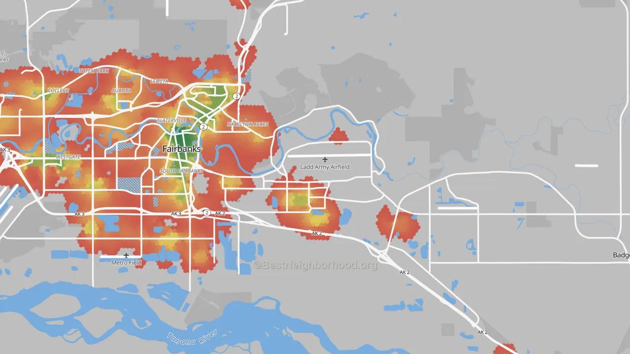 Walk Grade map of Fairbanks North Star Borough, AK, walkable areas in green and car-dependent areas in red