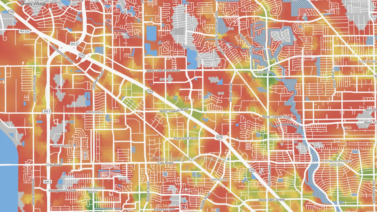 Walk Grade map of Fairbanks-Northwest Crossing, Houston, TX, walkable areas in green and car-dependent areas in red