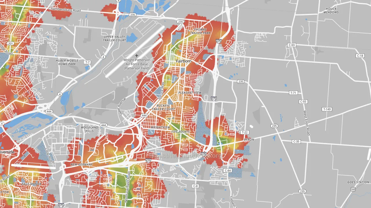 Walk Grade map of Fairborn, OH, walkable areas in green and car-dependent areas in red