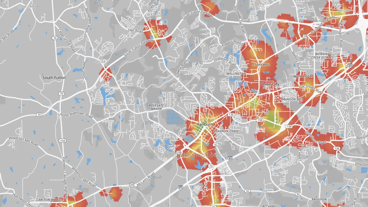 Walk Grade map of Fairburn, GA, walkable areas in green and car-dependent areas in red