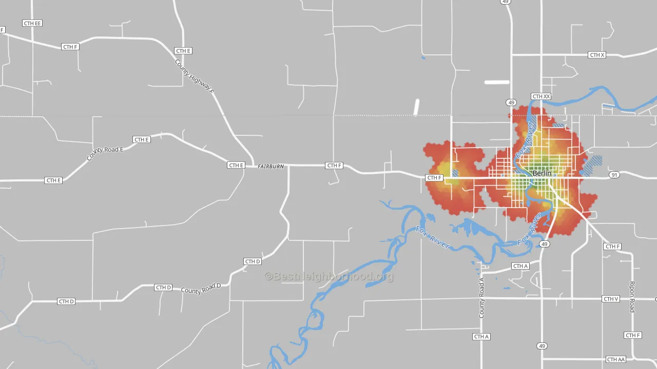 Walk Grade map of Fairburn, WI, walkable areas in green and car-dependent areas in red