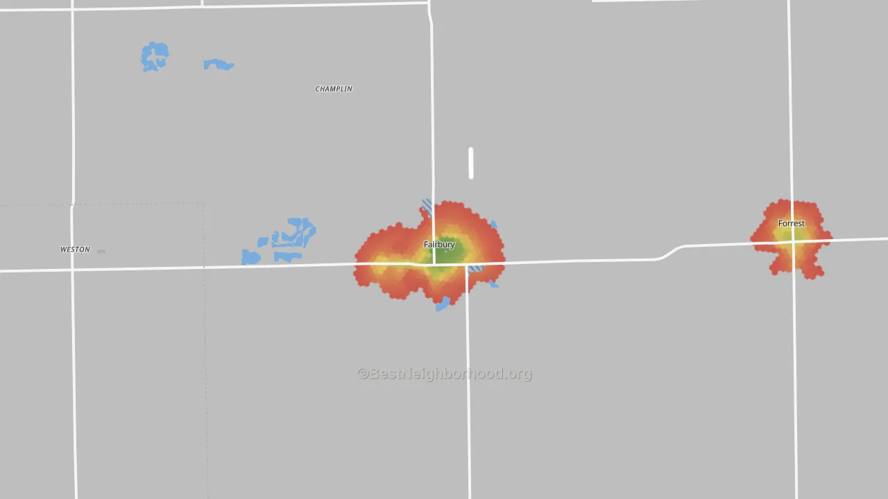 Walk Grade map of Fairbury, IL, walkable areas in green and car-dependent areas in red