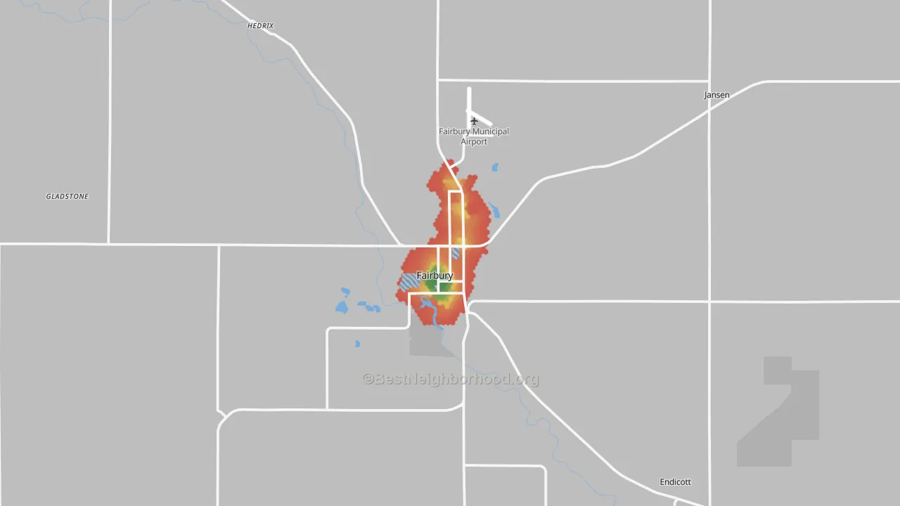Walk Grade map of Fairbury, NE, walkable areas in green and car-dependent areas in red