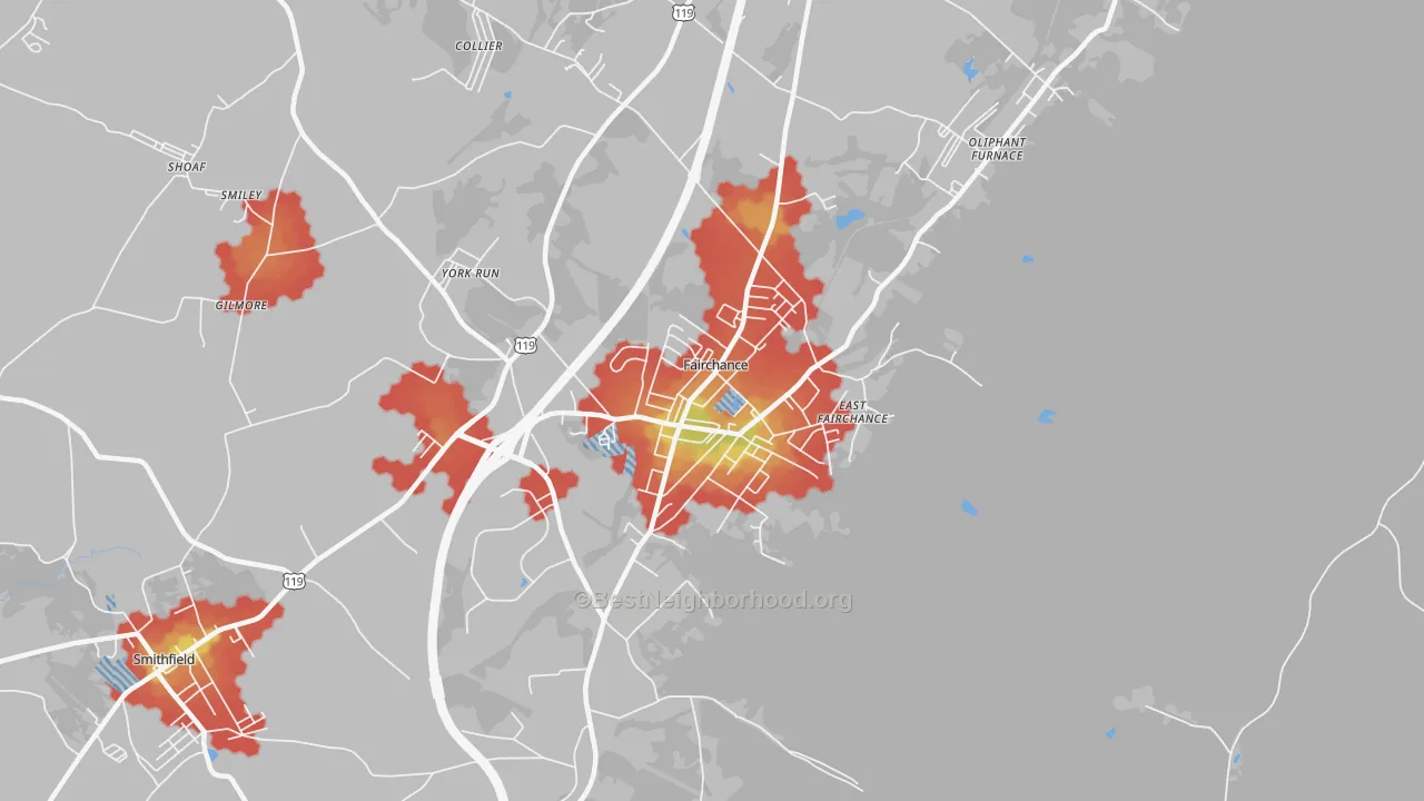 Walk Grade map of Fairchance, PA, walkable areas in green and car-dependent areas in red