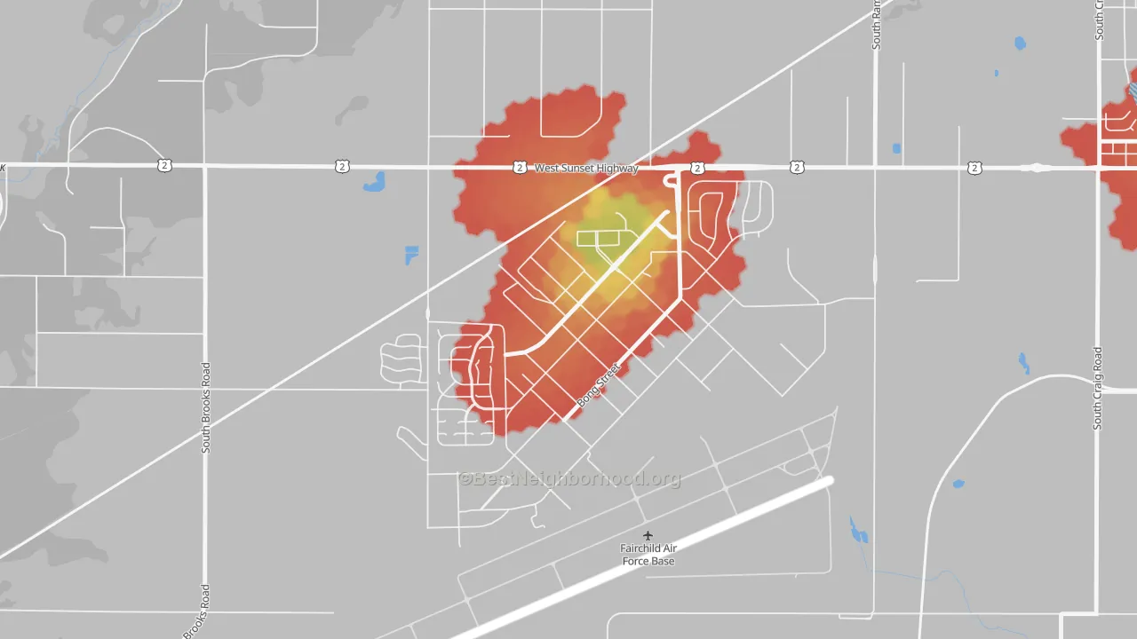 Walk Grade map of Fairchild AFB, WA, walkable areas in green and car-dependent areas in red