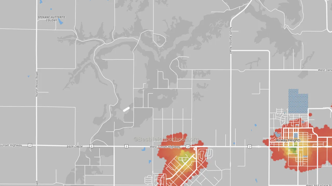 Walk Grade map of Fairchild Air Force Base, WA, walkable areas in green and car-dependent areas in red