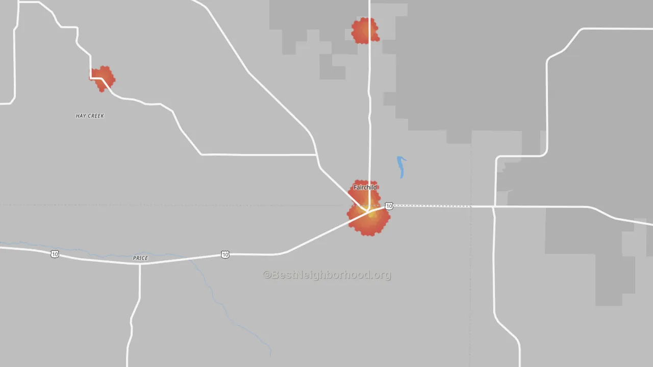 Walk Grade map of Fairchild, WI, walkable areas in green and car-dependent areas in red