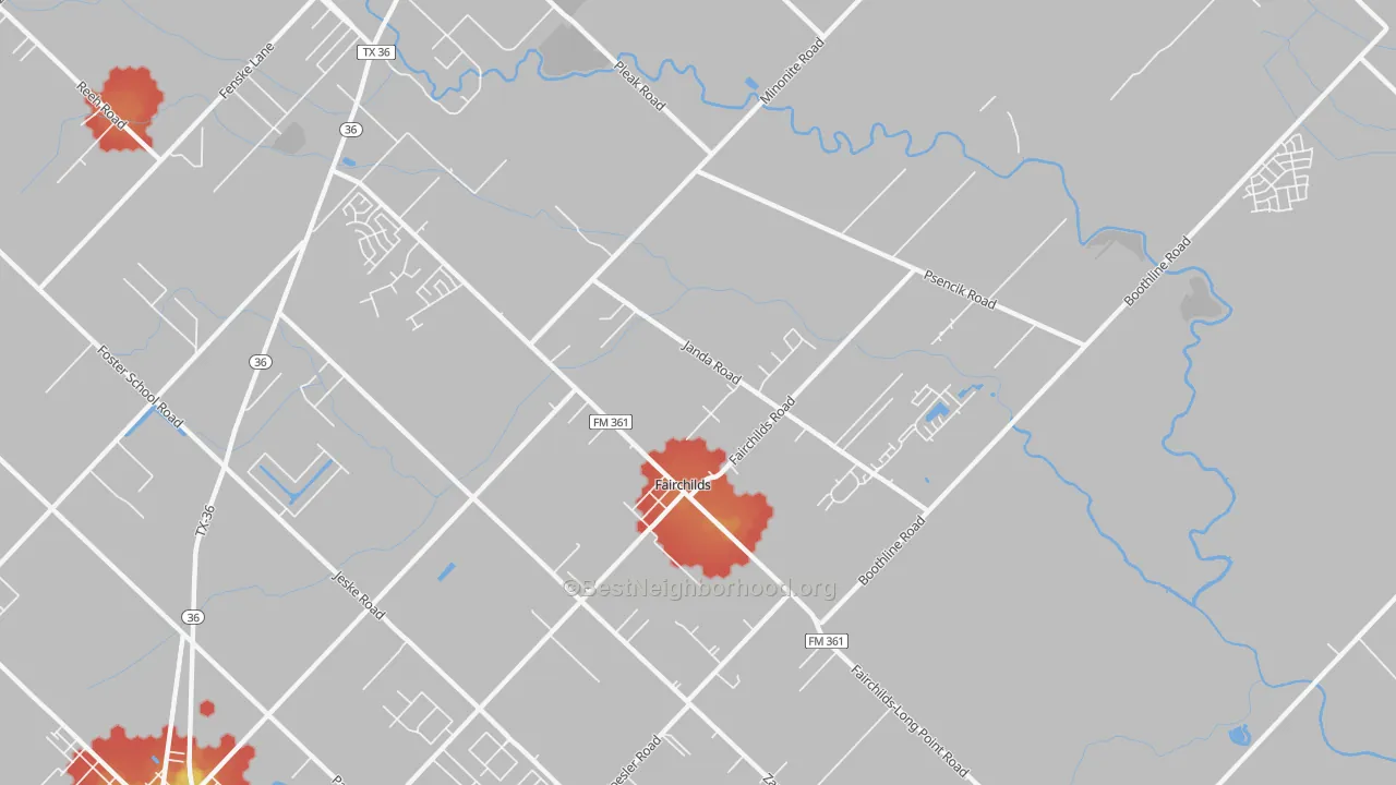 Walk Grade map of Fairchilds, TX, walkable areas in green and car-dependent areas in red