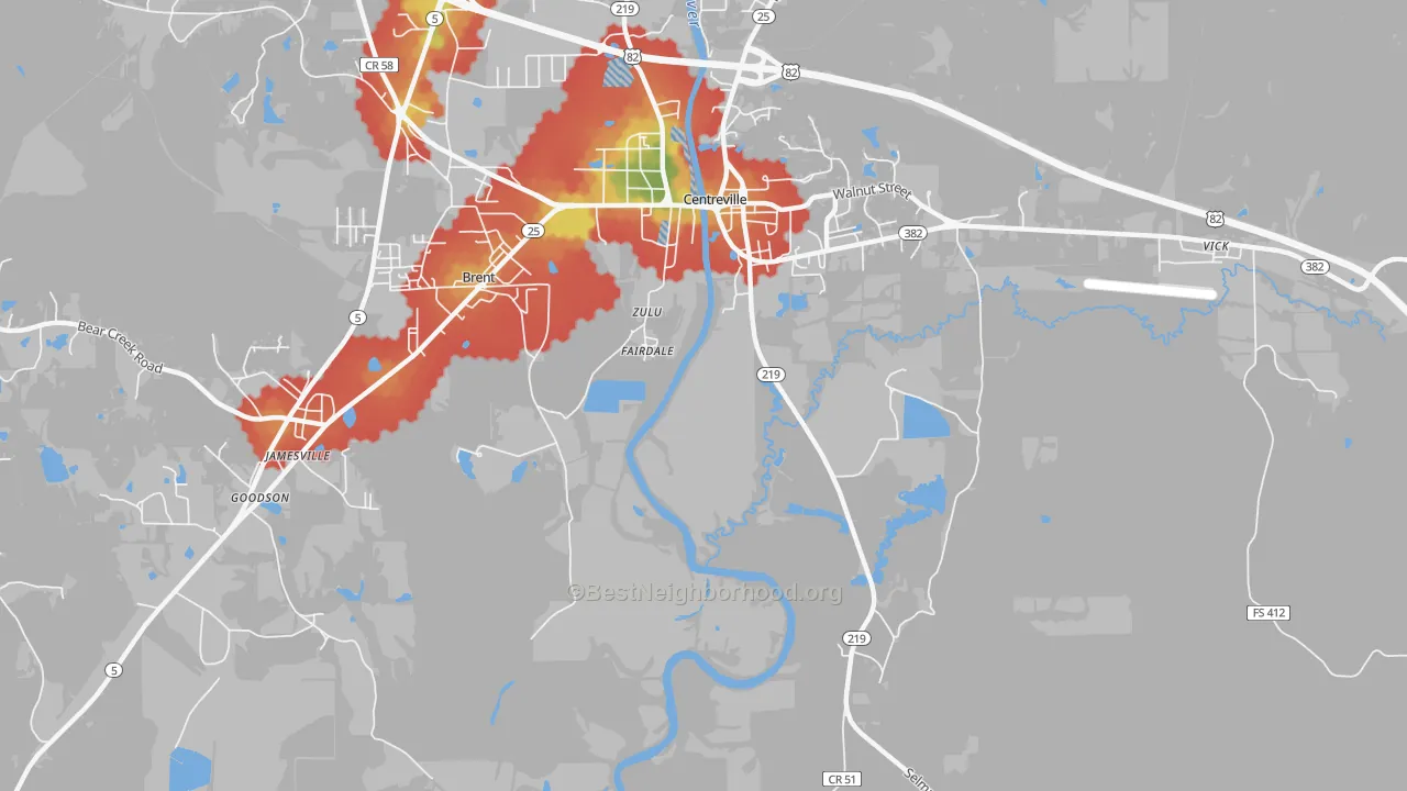 Walk Grade map of Fairdale, AL, walkable areas in green and car-dependent areas in red