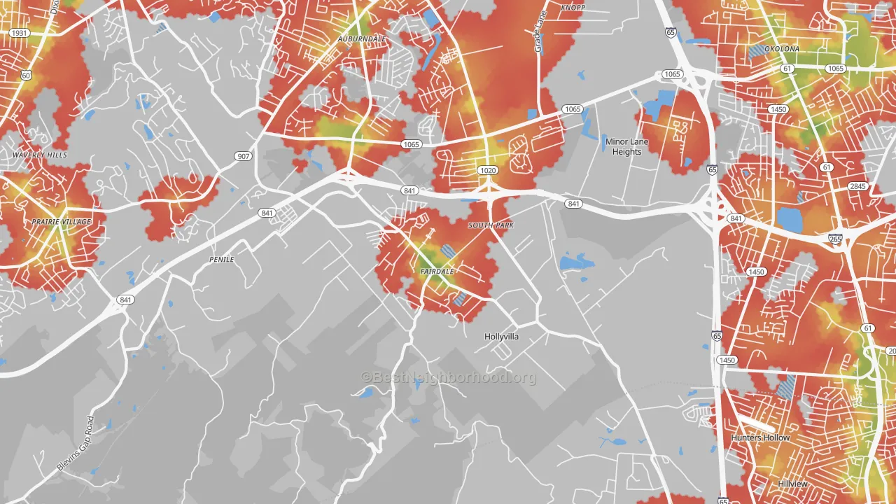 Walk Grade map of Fairdale, KY, walkable areas in green and car-dependent areas in red