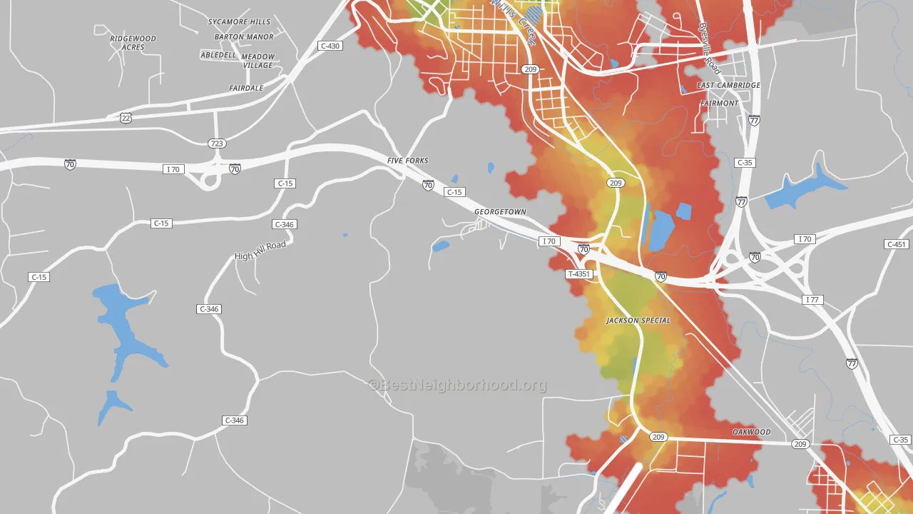 Walk Grade map of Fairdale, OH, walkable areas in green and car-dependent areas in red