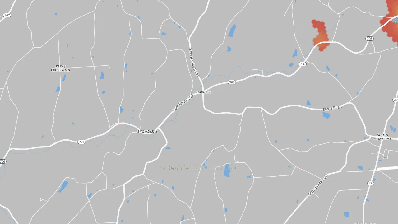 Walk Grade map of Fairdale, PA, walkable areas in green and car-dependent areas in red