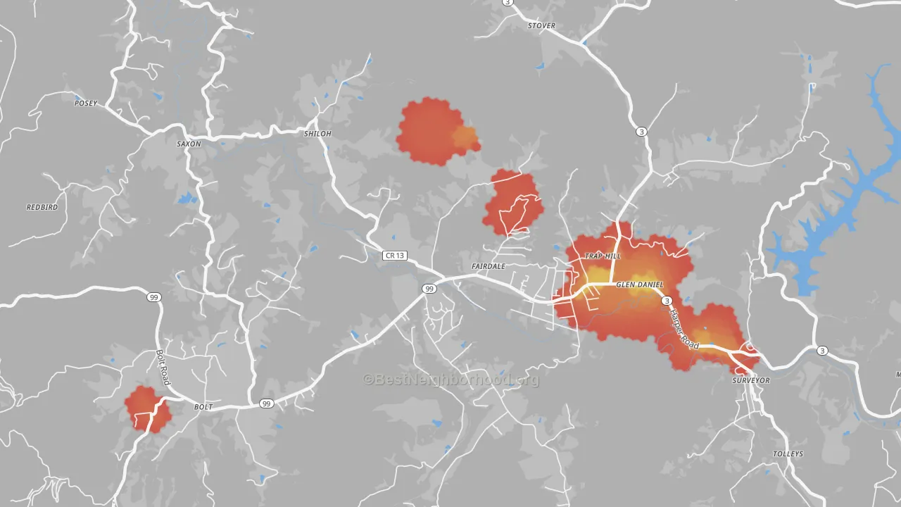 Walk Grade map of Fairdale, WV, walkable areas in green and car-dependent areas in red