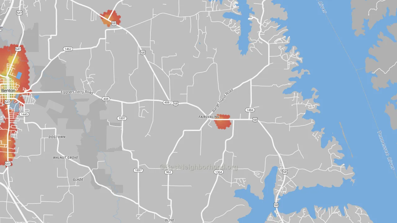 Walk Grade map of Fairdealing, KY, walkable areas in green and car-dependent areas in red
