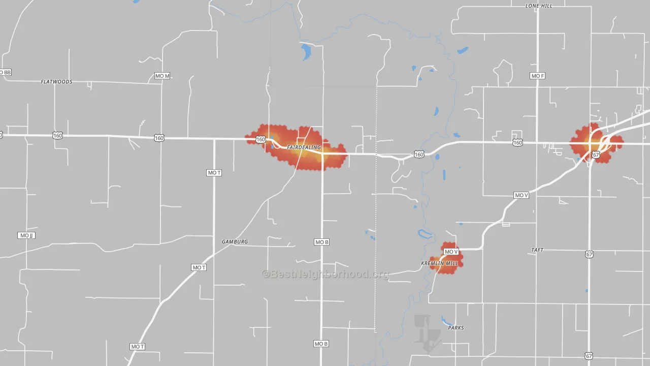 Walk Grade map of Fairdealing, MO, walkable areas in green and car-dependent areas in red