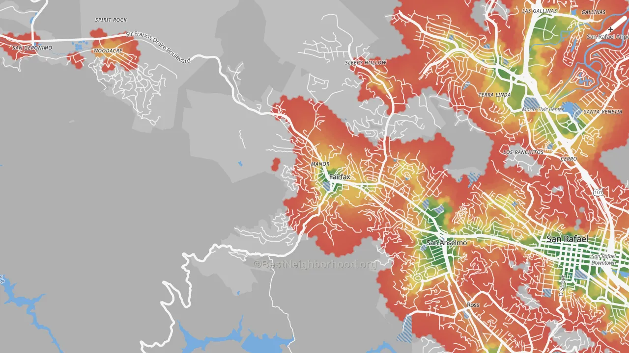 Walk Grade map of Fairfax, CA, walkable areas in green and car-dependent areas in red