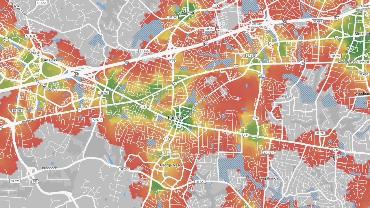Walk Grade map of Fairfax City, VA, walkable areas in green and car-dependent areas in red
