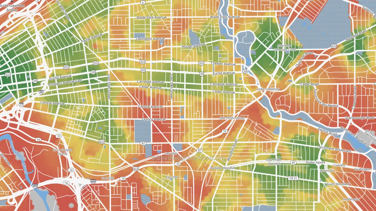 Walk Grade map of Fairfax, Cleveland, OH, walkable areas in green and car-dependent areas in red