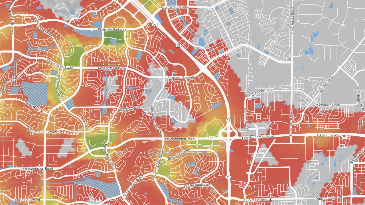 Walk Grade map of Fairfax, Colorado Springs, CO, walkable areas in green and car-dependent areas in red