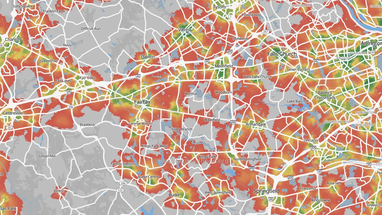 Walk Grade map of Fairfax County, VA, walkable areas in green and car-dependent areas in red