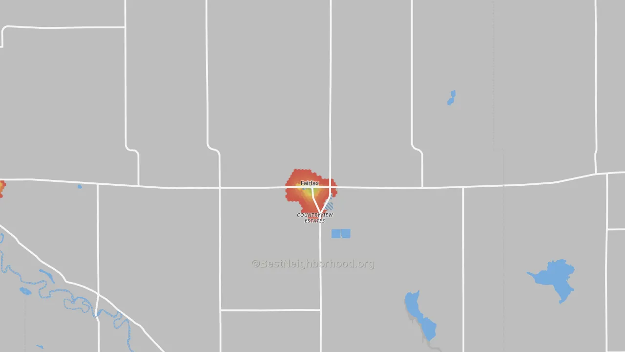 Walk Grade map of Fairfax, MN, walkable areas in green and car-dependent areas in red