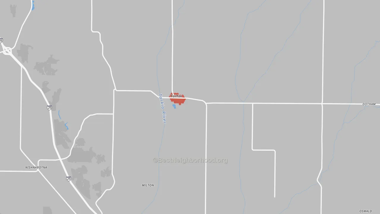 Walk Grade map of Fairfax, MO, walkable areas in green and car-dependent areas in red