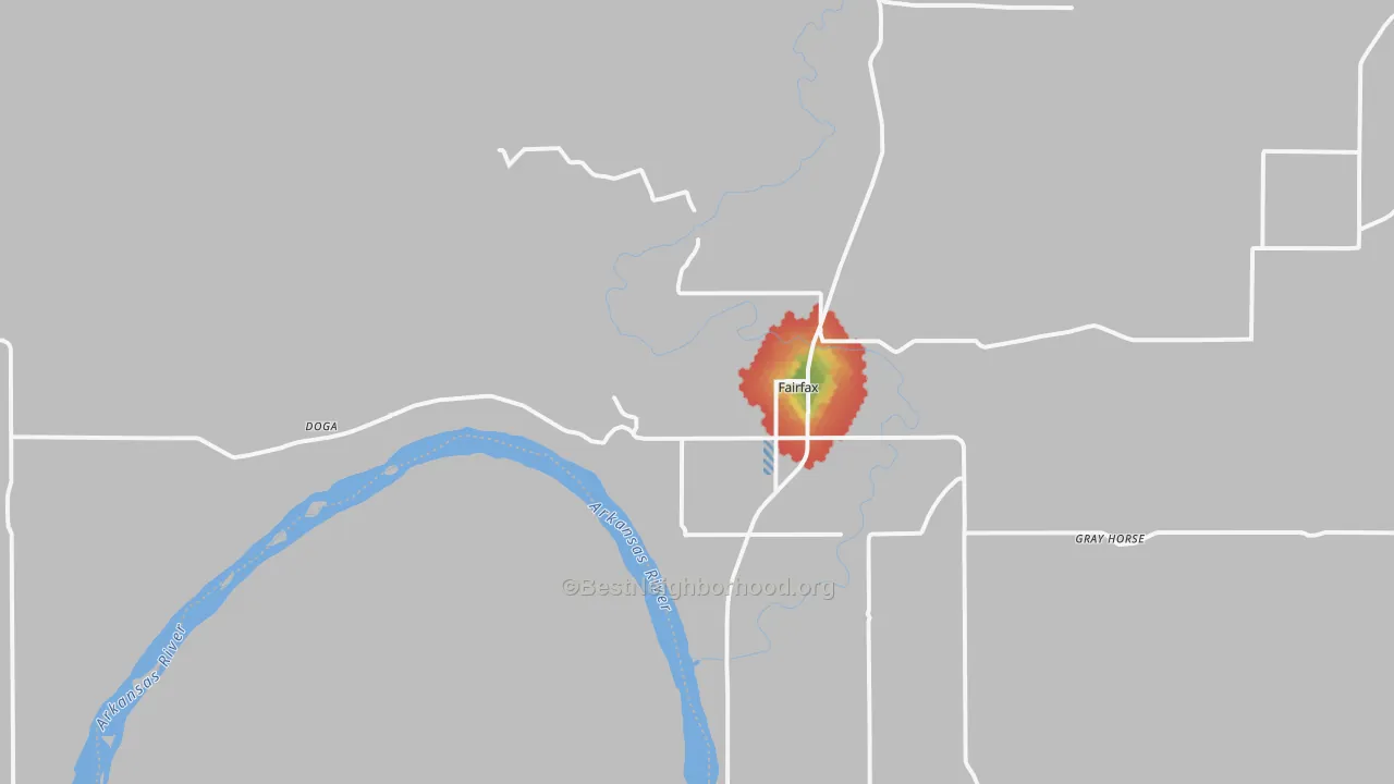 Walk Grade map of Fairfax, OK, walkable areas in green and car-dependent areas in red