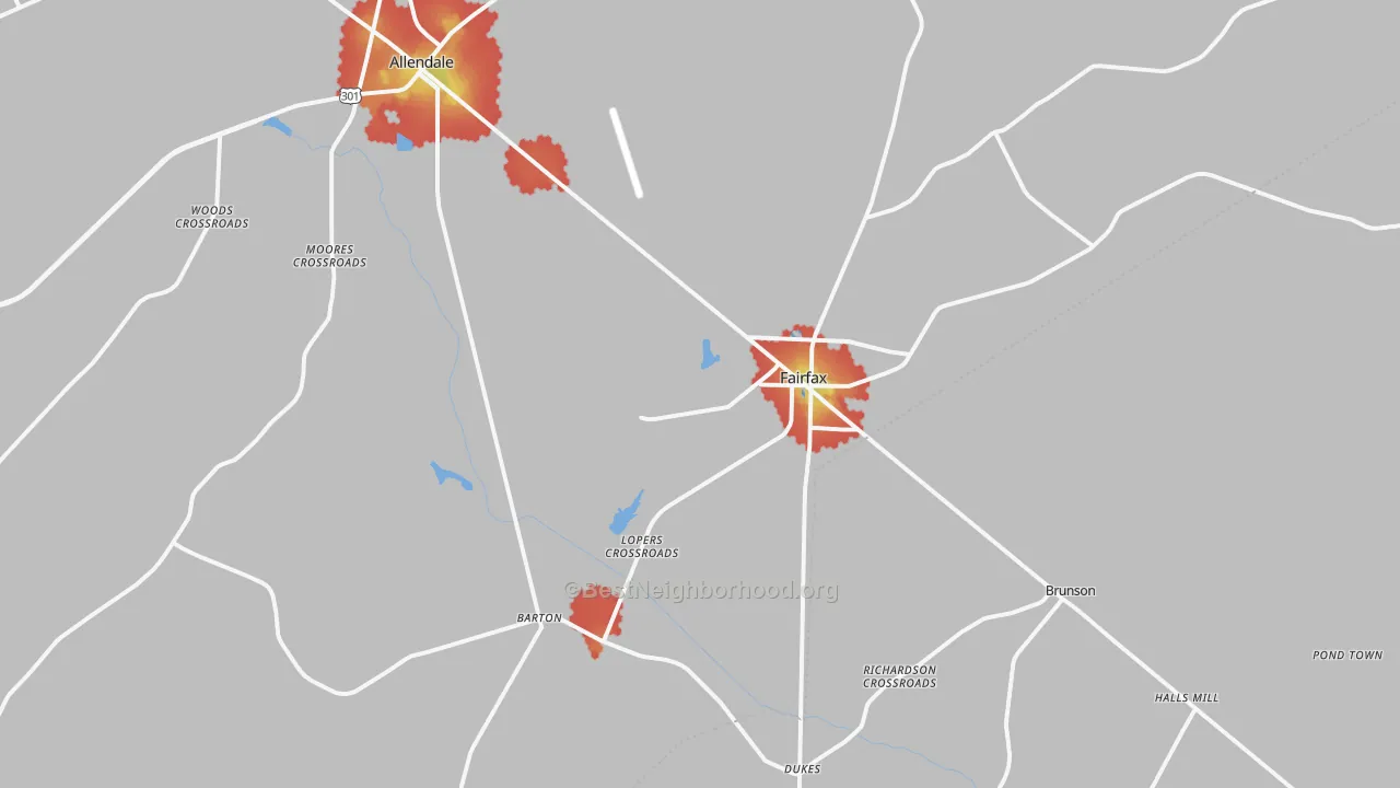 Walk Grade map of Fairfax, SC, walkable areas in green and car-dependent areas in red