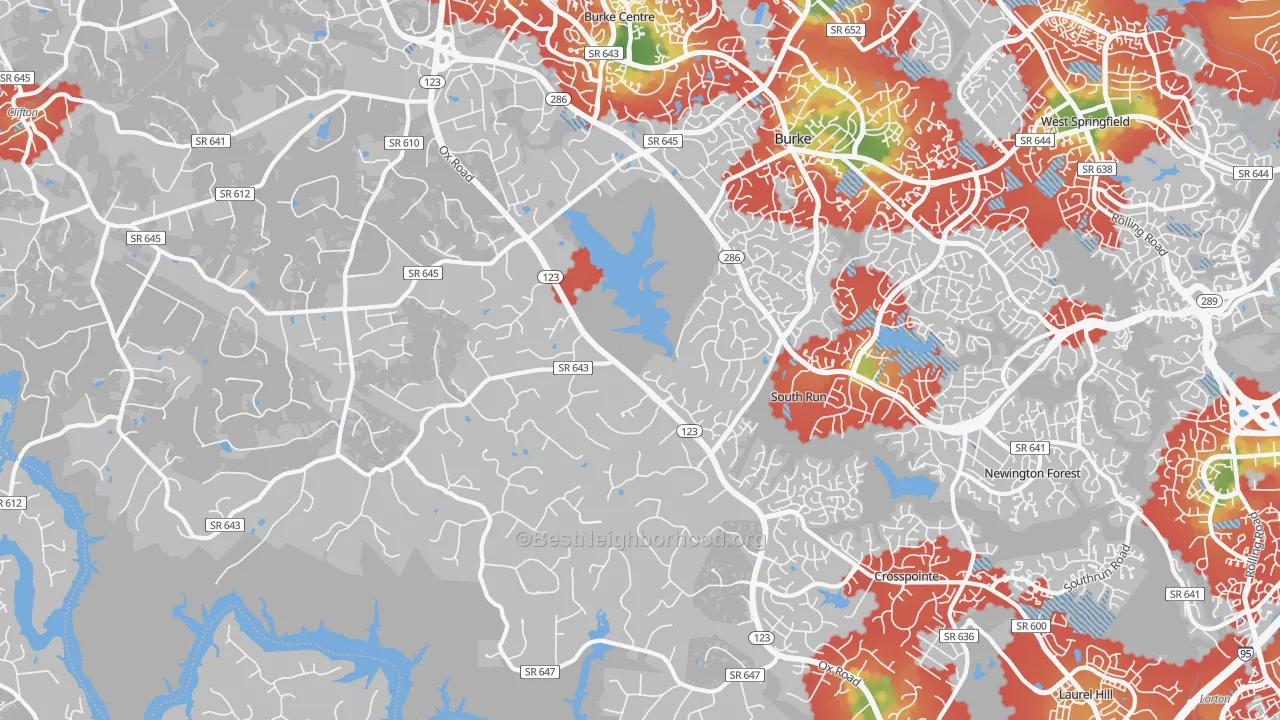 Walk Grade map of Fairfax Station, VA, walkable areas in green and car-dependent areas in red