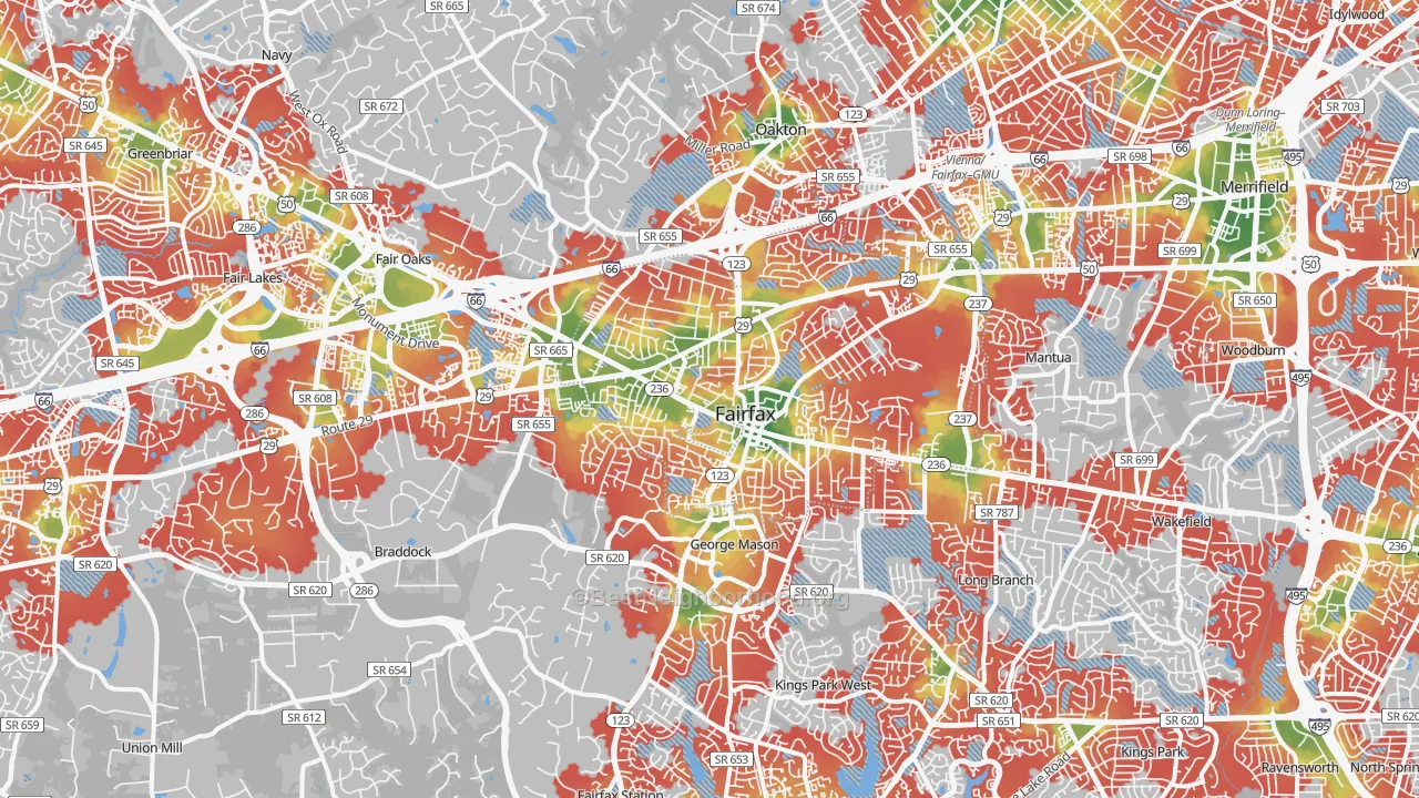 Walk Grade map of Fairfax, VA, walkable areas in green and car-dependent areas in red