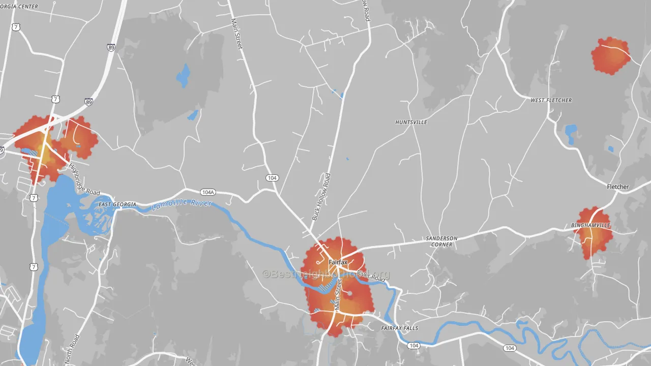 Walk Grade map of Fairfax, VT, walkable areas in green and car-dependent areas in red