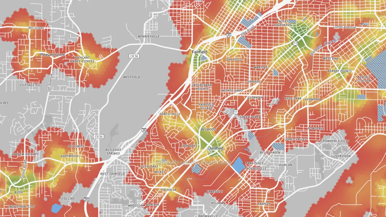 Walk Grade map of Fairfield, AL, walkable areas in green and car-dependent areas in red